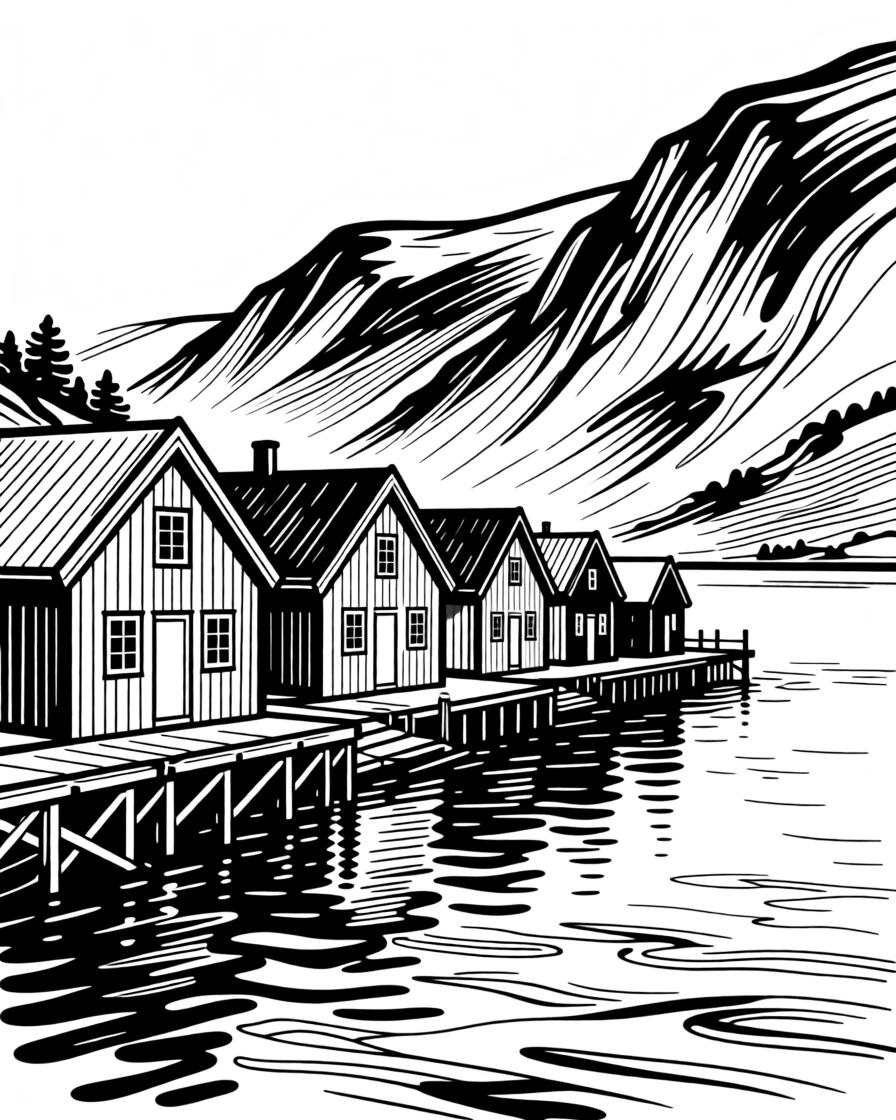 A Norwegian fjord village with colorful wooden houses along the waterfront.