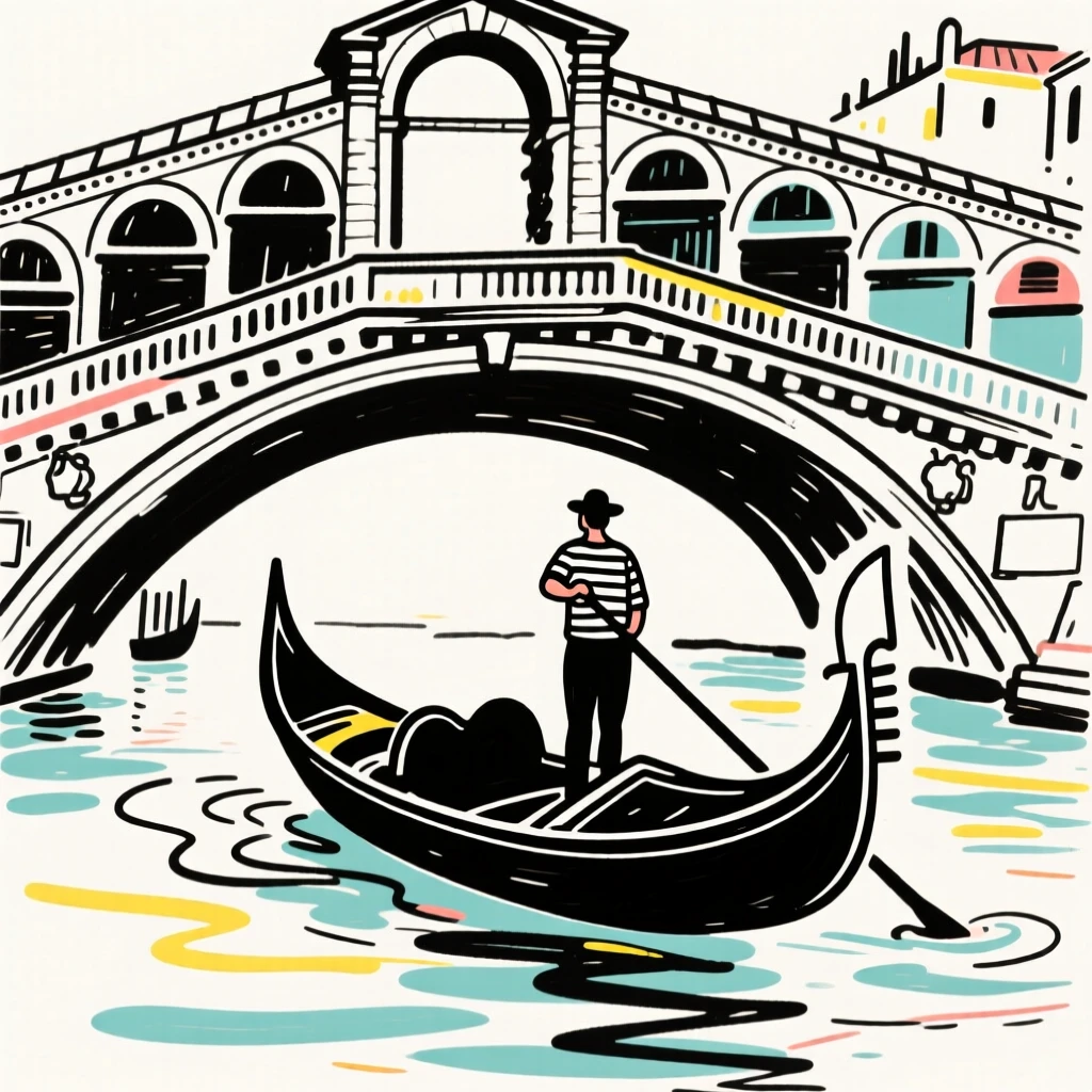A gondola gliding beneath an ornate bridge along a canal.