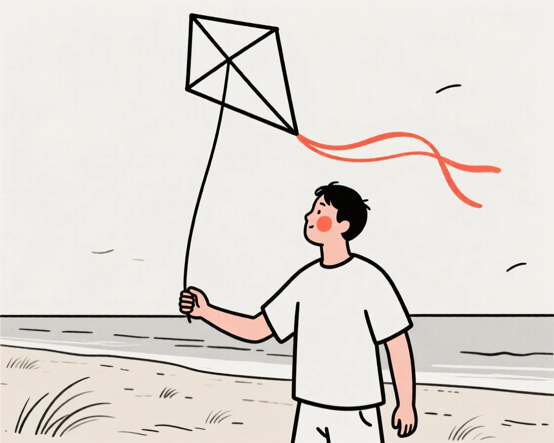 A father flying a kite on a windy beach.