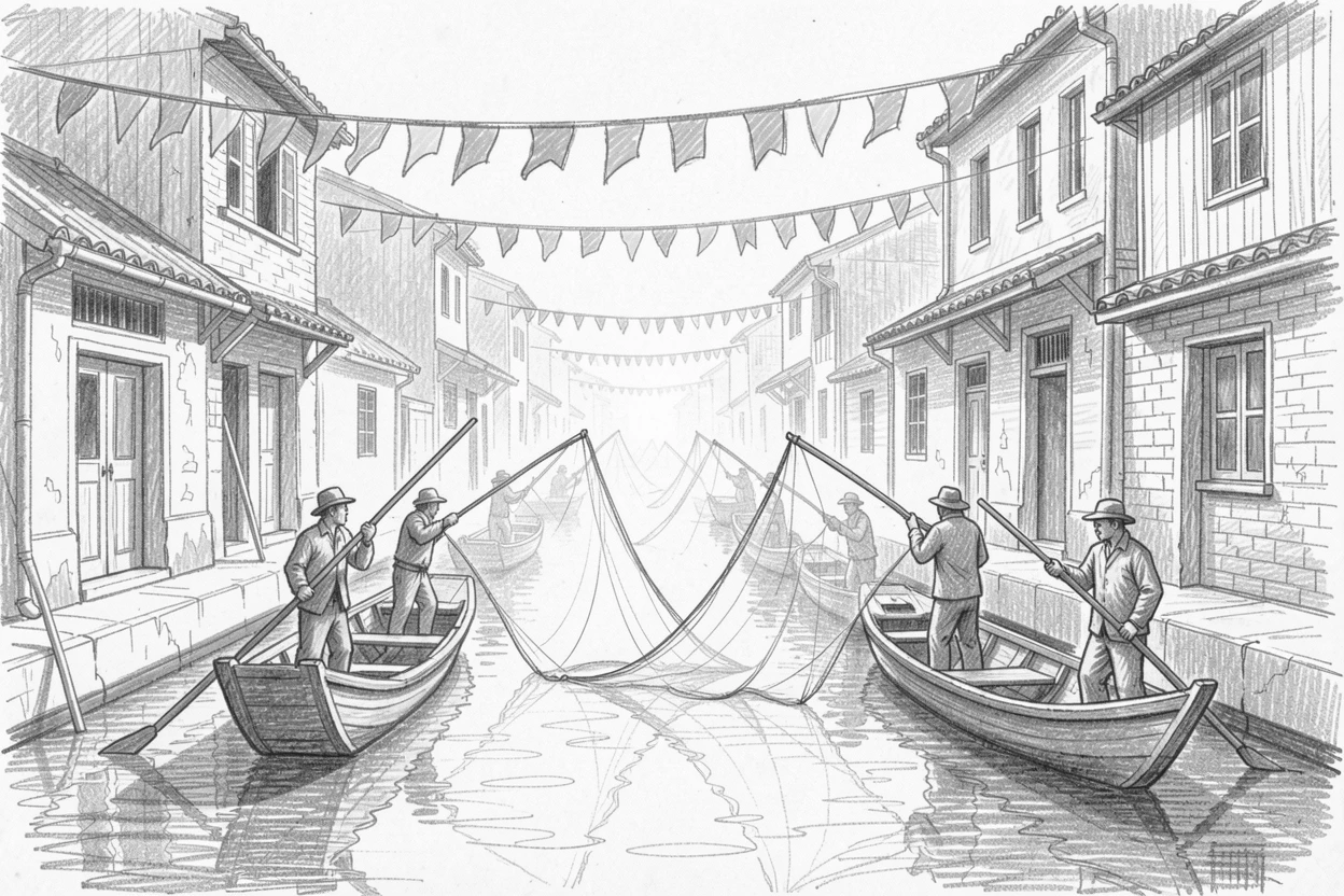 A vibrant cultural scene of fishermen casting nets from wooden boats at dawn along a quiet canal lined with old buildings, with colorful flags strung overhead.