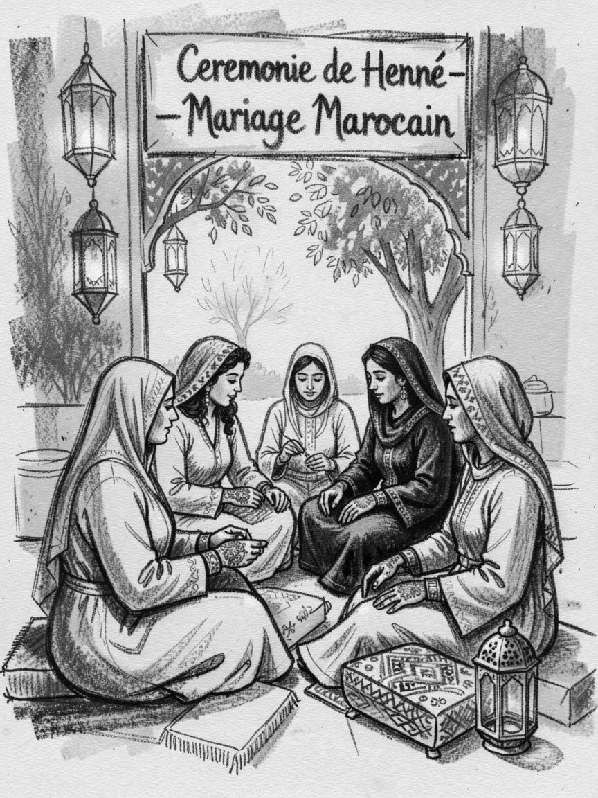 A Moroccan wedding henna ceremony, on a quiet, peaceful afternoon.