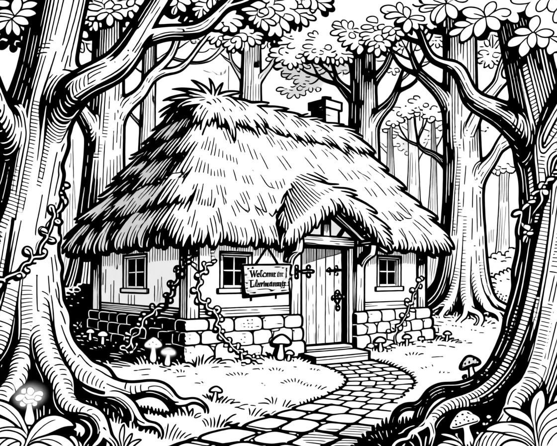 A fairy tale cottage with a thatched roof nestled deep in an enchanted wood.
