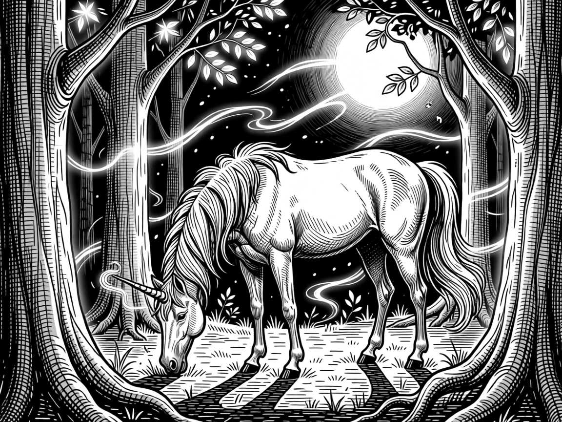 A unicorn grazing in a moonlit clearing within a forest of towering luminous trees, with wisps of magical light drifting through the air, forming a serene yet powerful fantasy scene.