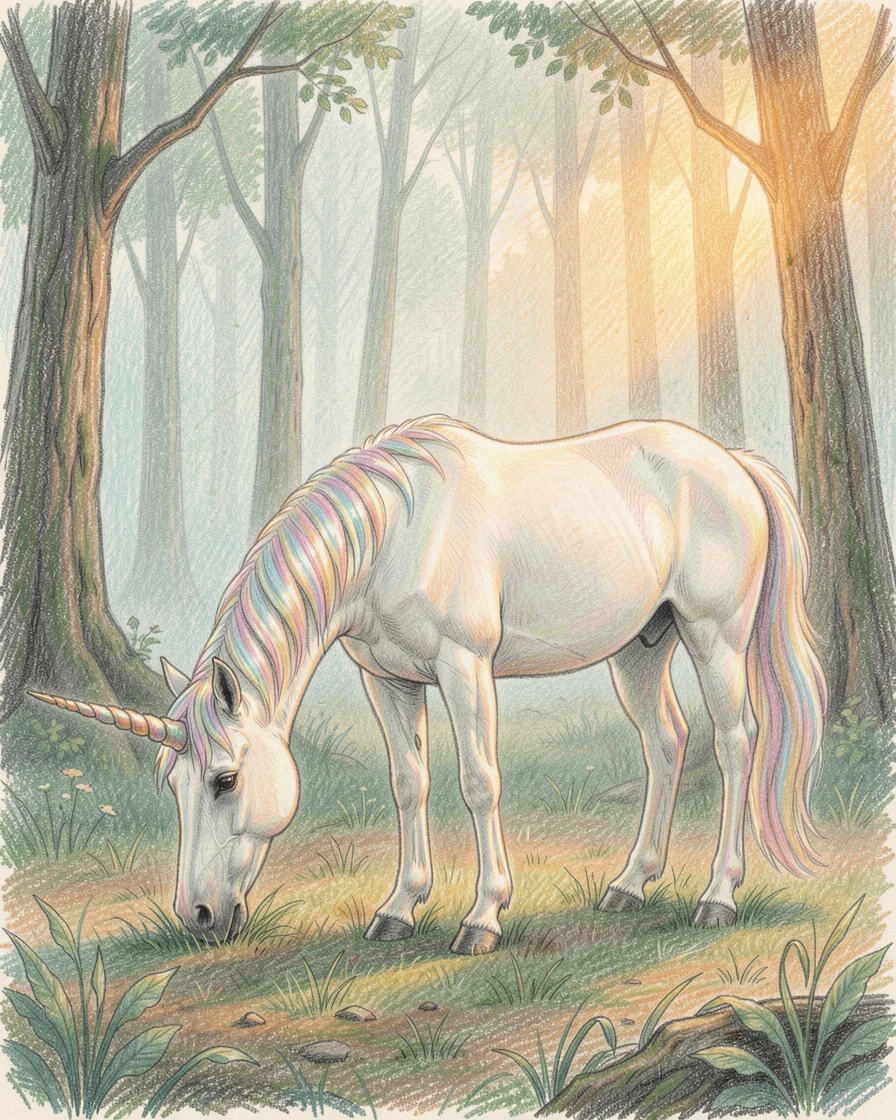 A unicorn grazing peacefully in an enchanted misty forest, bathed in the warm glow of golden-hour light, evoking nostalgia and a deep sense of contentment.
