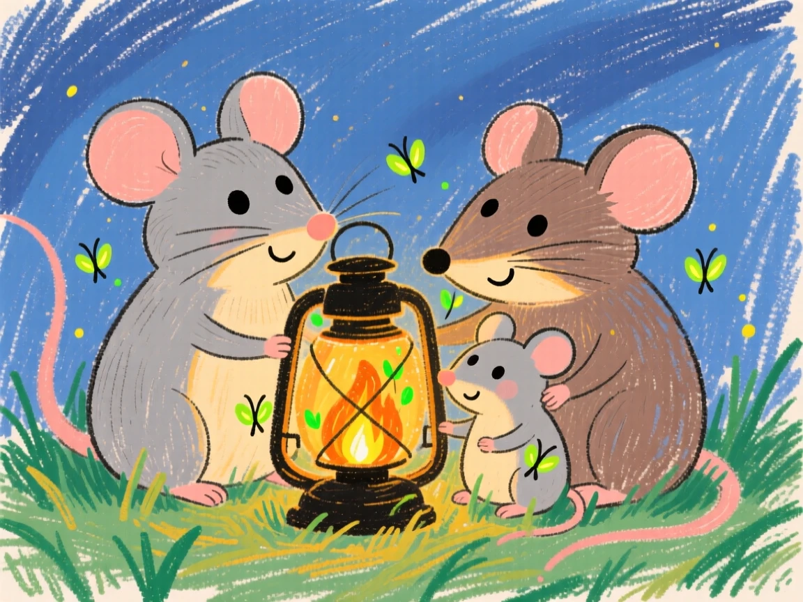 A family of mice gathered around a lantern lit with fireflies.