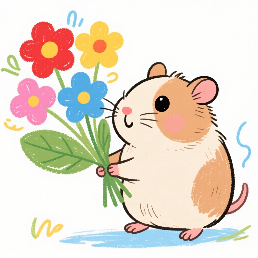 A fluffy guinea pig sniffing a bouquet of fresh flowers.