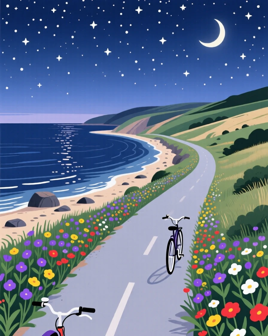 A scenic coastal cycling path lined with wildflowers, under a starlit evening sky, framed with a sweeping wide-angle perspective, with a nostalgic, postcard-like charm.