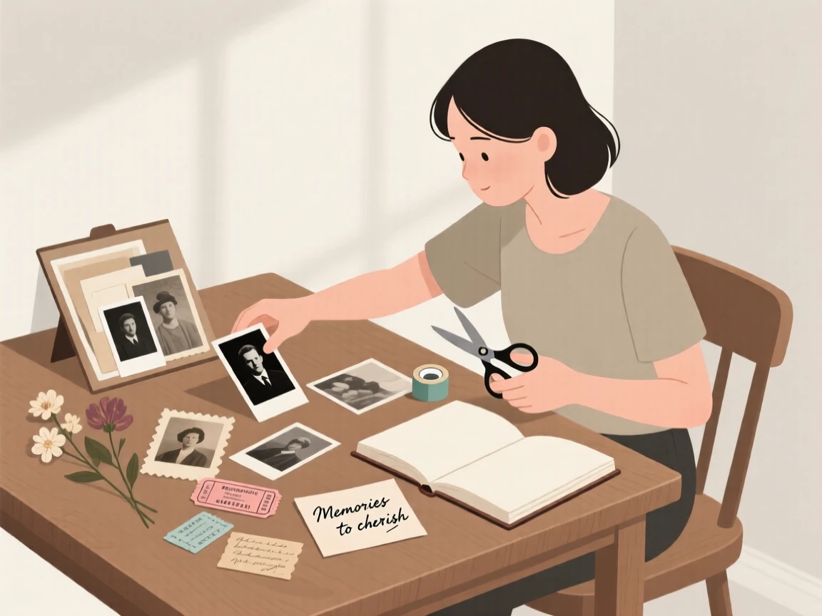 A scrapbooker arranging old photographs and mementos on a table.