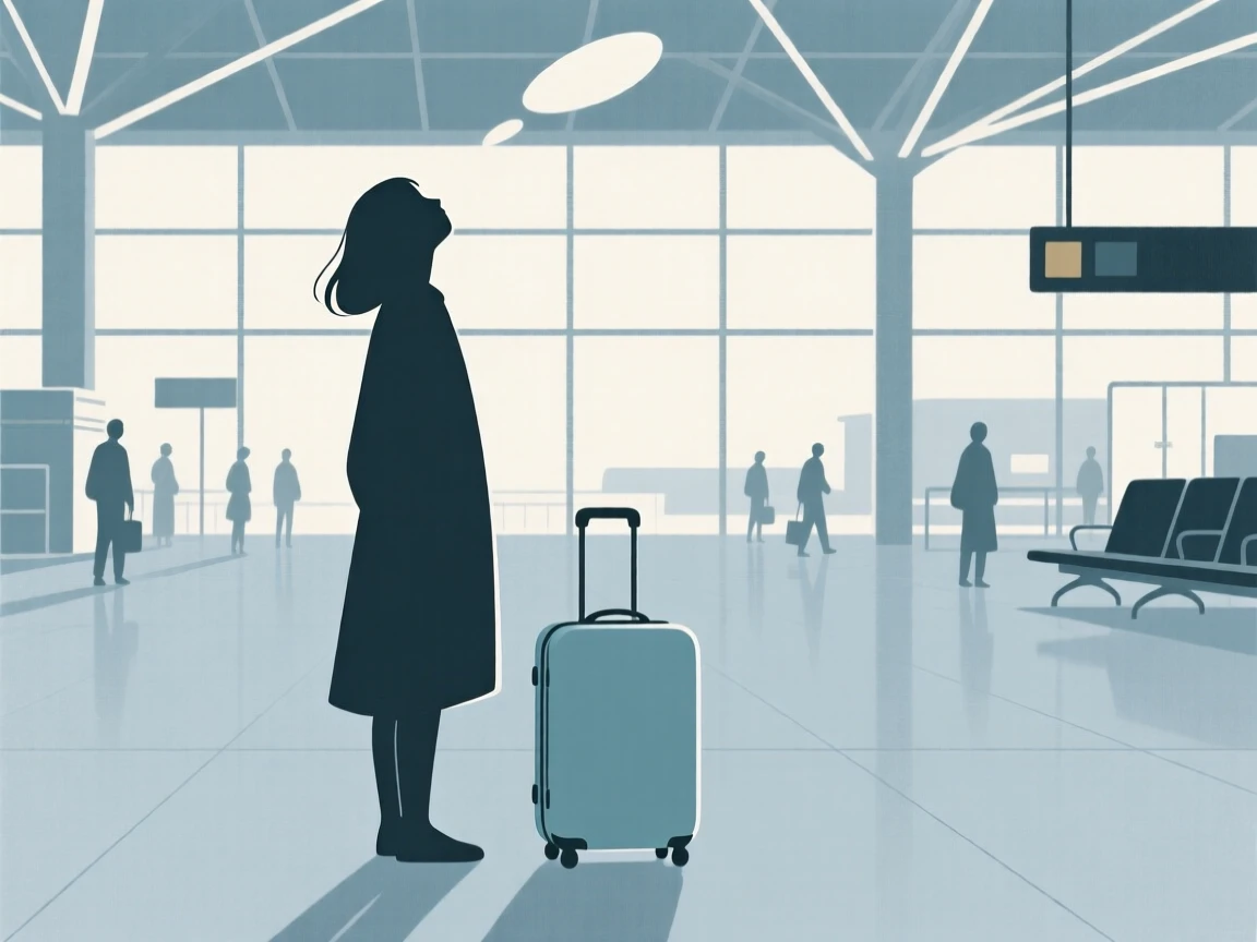 A dreamer gazing upward standing in a bustling airport terminal, embodying a feeling of tender nostalgia, with a single suitcase nearby.