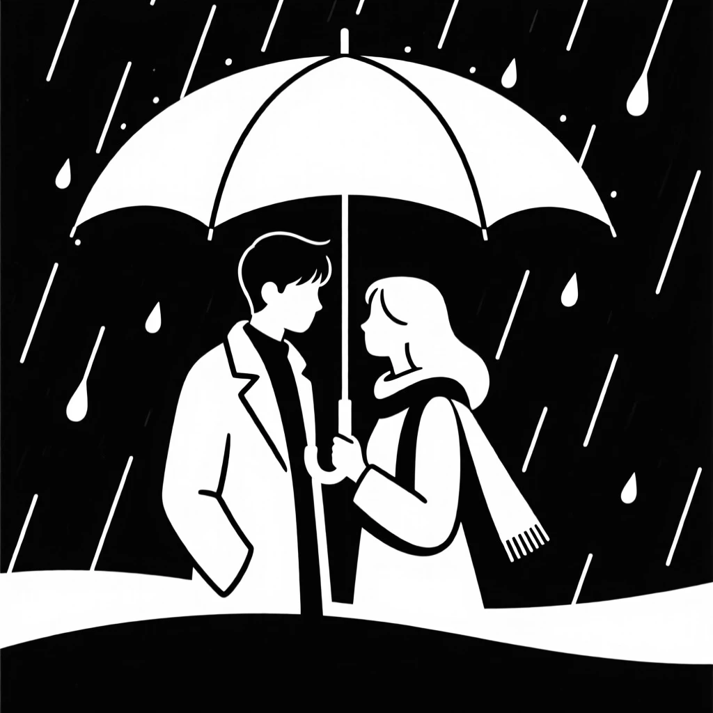 A young couple sharing an umbrella in the rain.