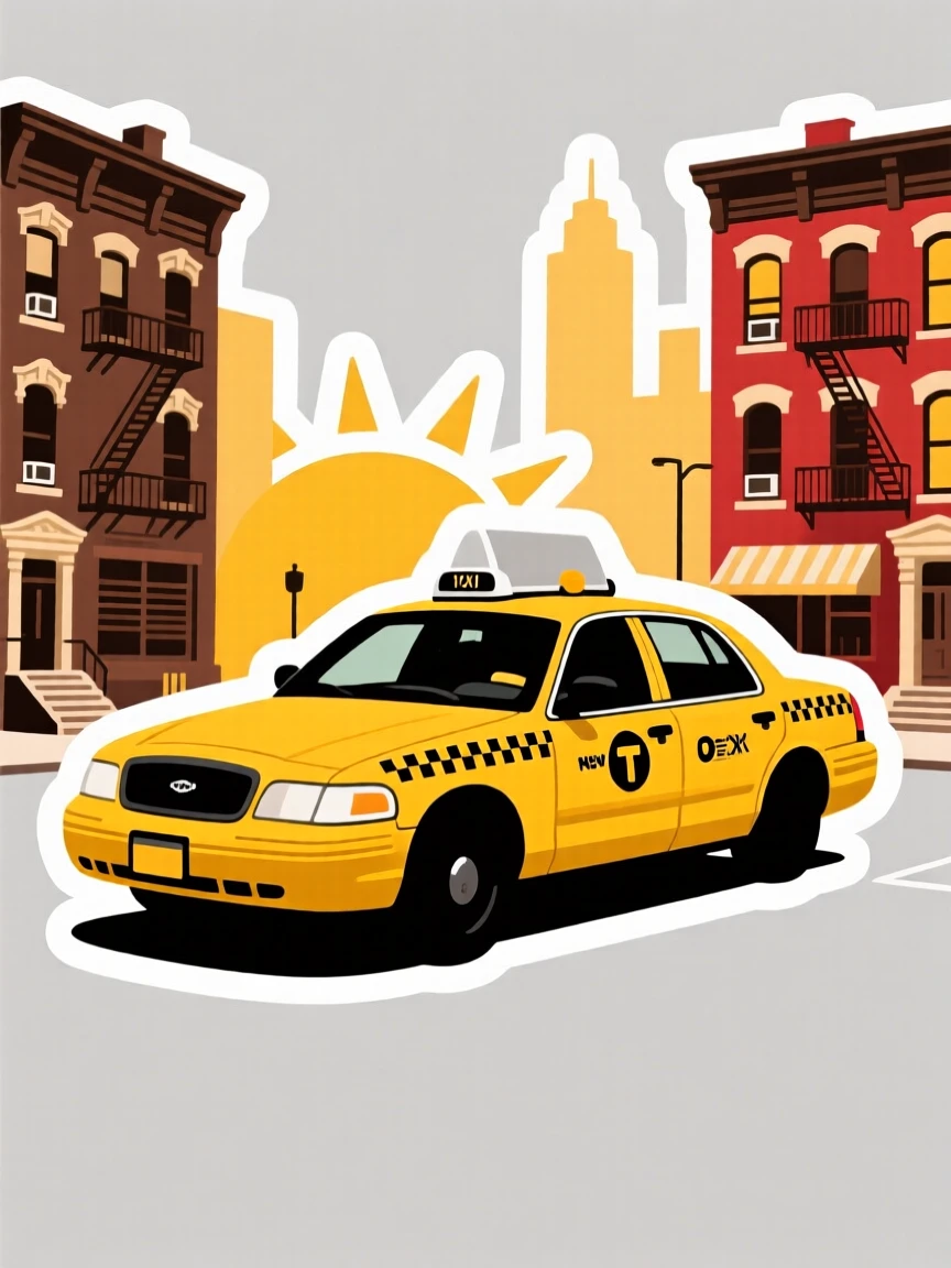 A sun-drenched New York-style yellow taxi cab, framed by traditional architecture, in a moment worth remembering forever.