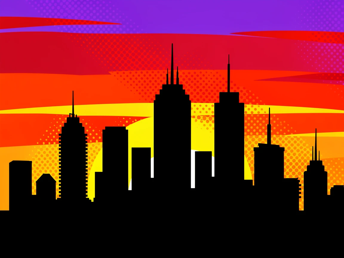 A city skyline silhouetted against a striking sunset