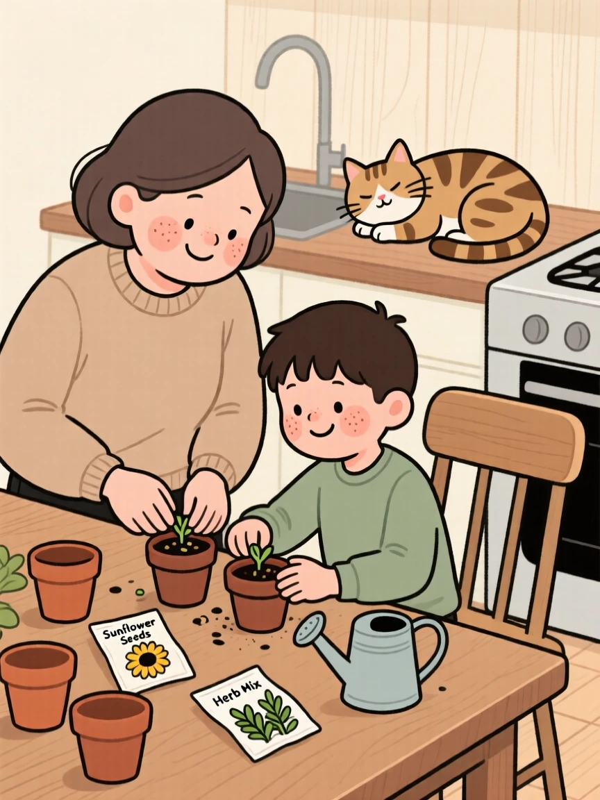 A aunt teaches a small boy how to plant seeds in small pots at the kitchen table while a cat naps on a nearby chair, both focused and smiling.