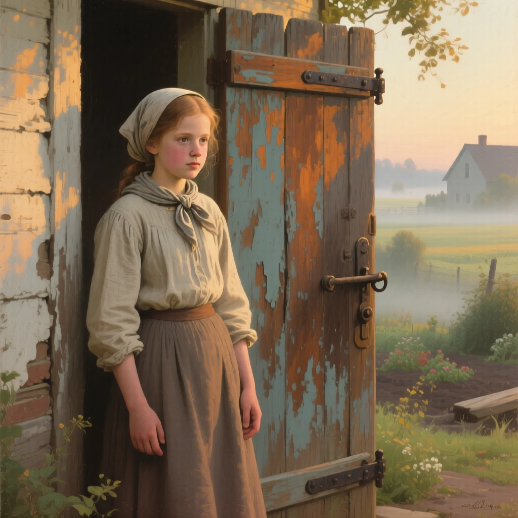 A medium shot of a farm girl beside a rustic wooden door, expressing gentle nostalgia, in early morning light.