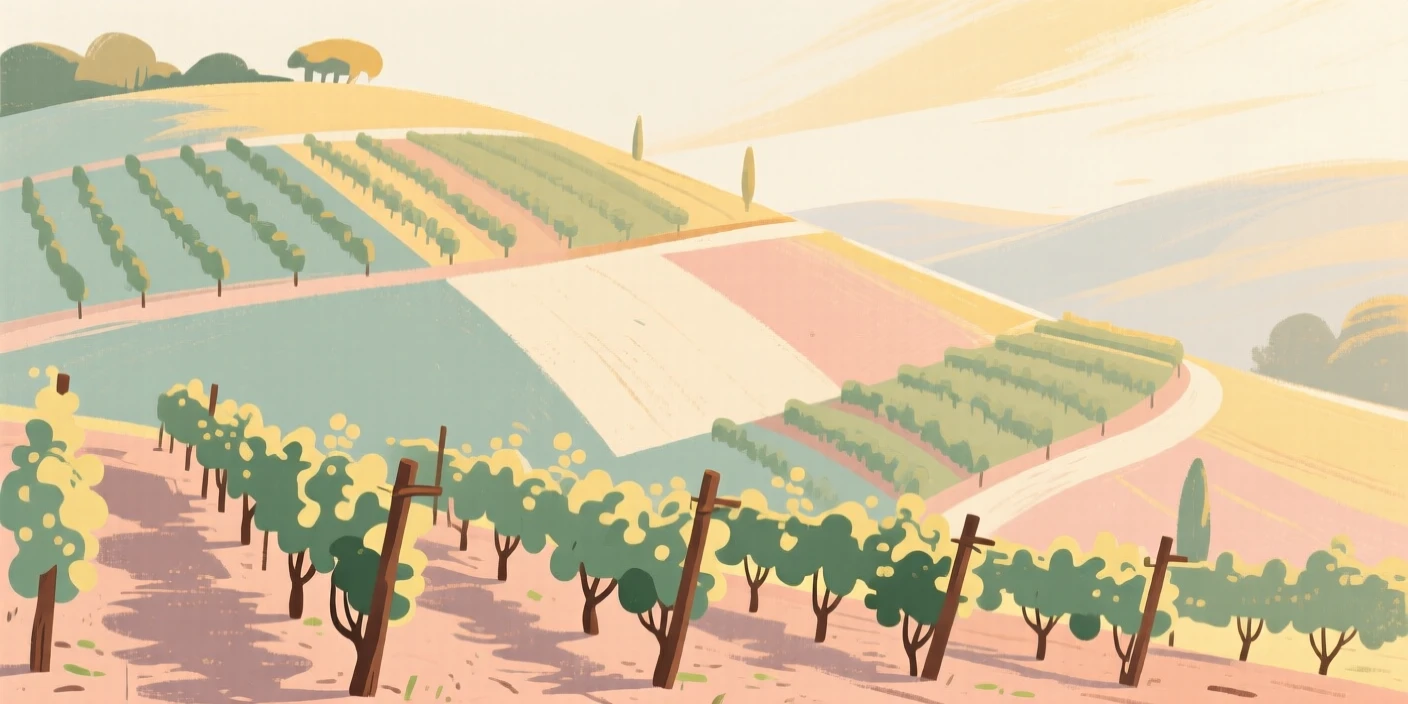 A patchwork of vineyards climbing a sun-drenched hillside