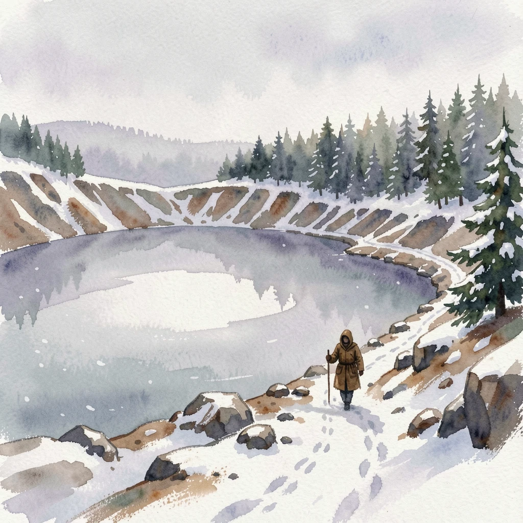 A volcanic crater lake during the first snowfall with a lone traveler walking a distant trail.