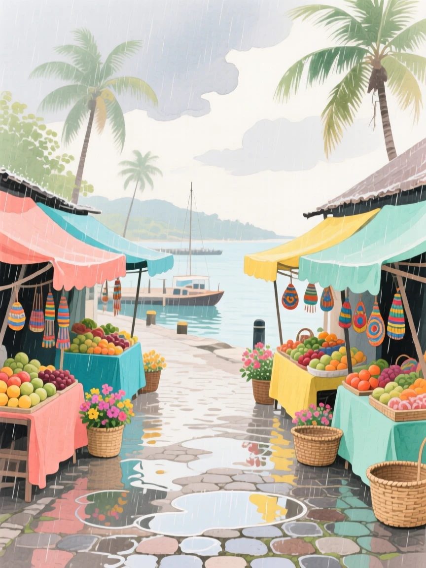 A picturesque view of a tropical island harbor with colorful market stalls lining the street, during a gentle spring rain
