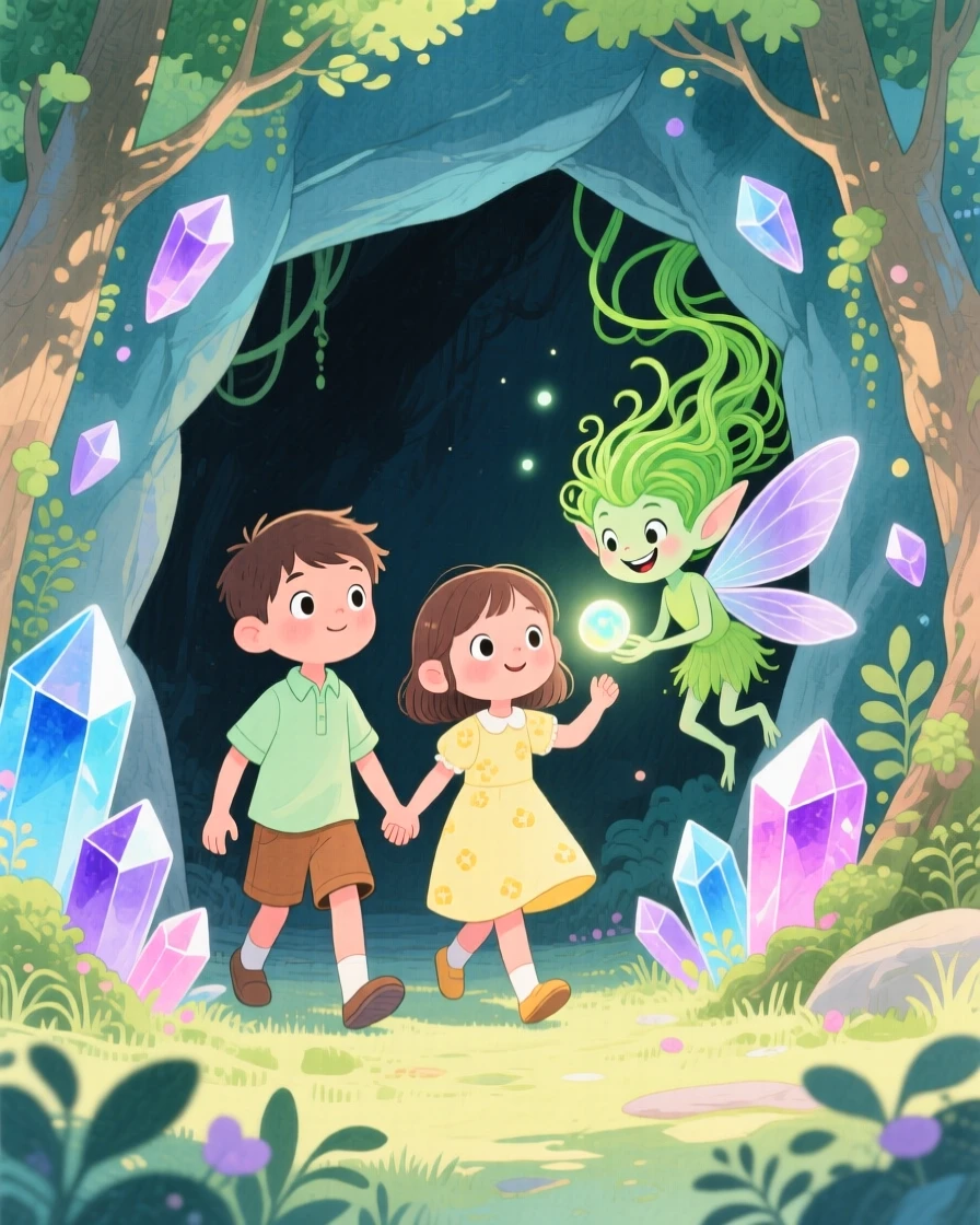 Twin siblings holding hands discovering a glowing crystal cave for the first time, greeted by a mischievous forest sprite.