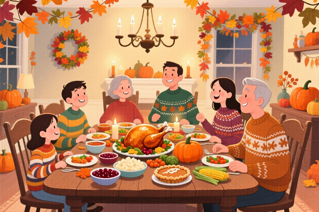 A table set for Thanksgiving dinner with family gathered around, in a warmly lit dining room decorated with autumn leaves, with everyone dressed in their coziest sweaters, evoking gratitude and warmth of the harvest season.