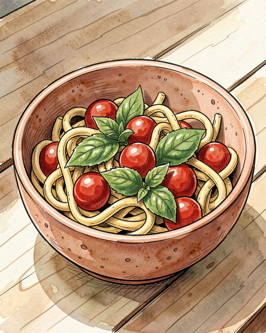 A rustic bowl of pasta tossed with fresh basil and cherry tomatoes, sunlight streaming across the table, highlighting every texture.
