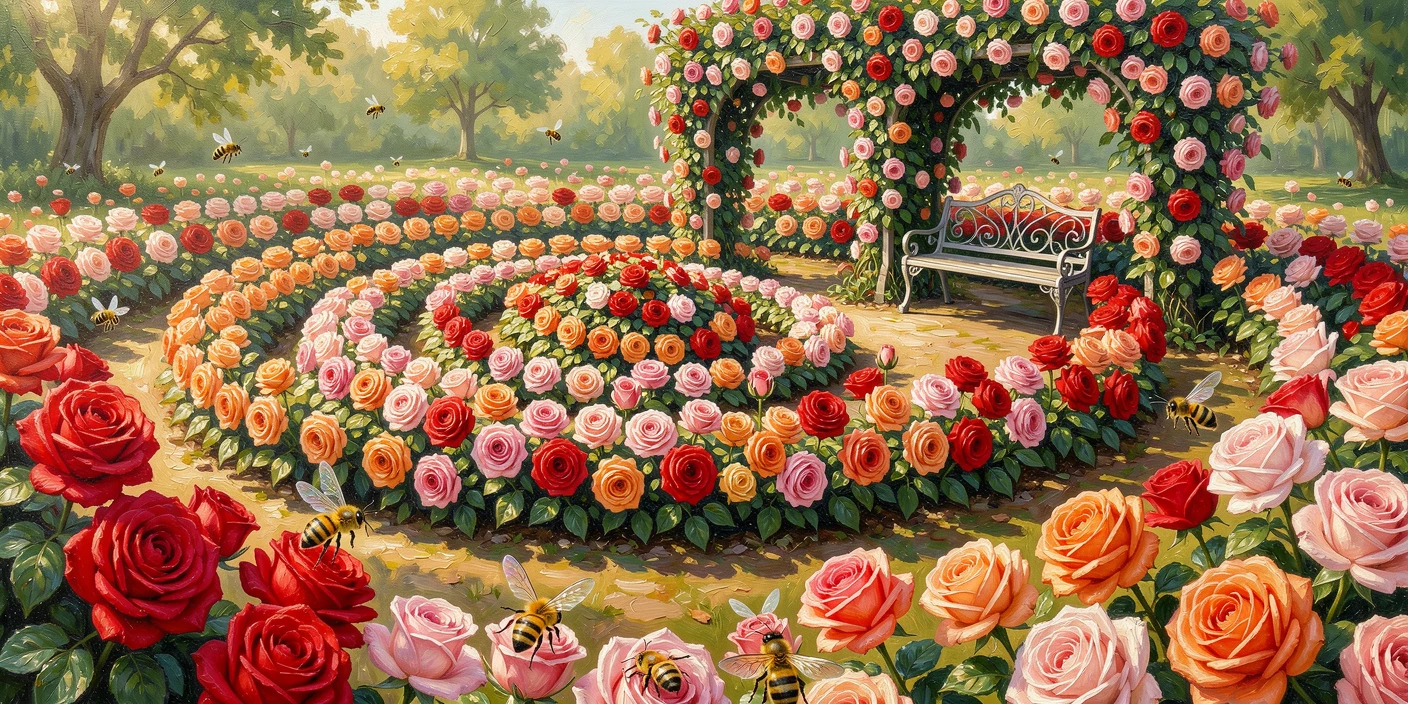 A rose garden arranged in concentric circles, bees drifting lazily from bloom to bloom, with a wrought-iron bench tucked beneath a flowering arbor, in peak summer bloom, colors saturated and vivid.