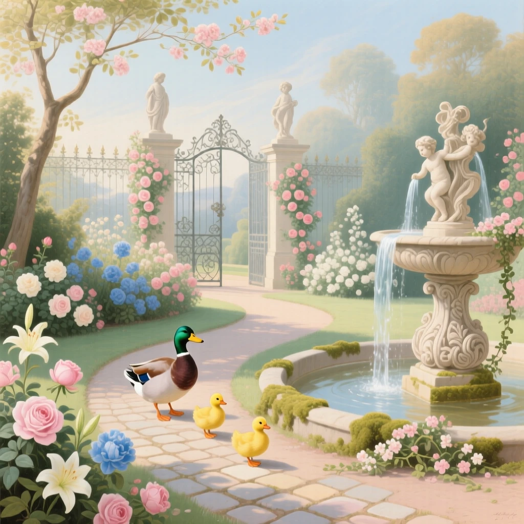 A family of ducks crossing a garden path near a fountain  