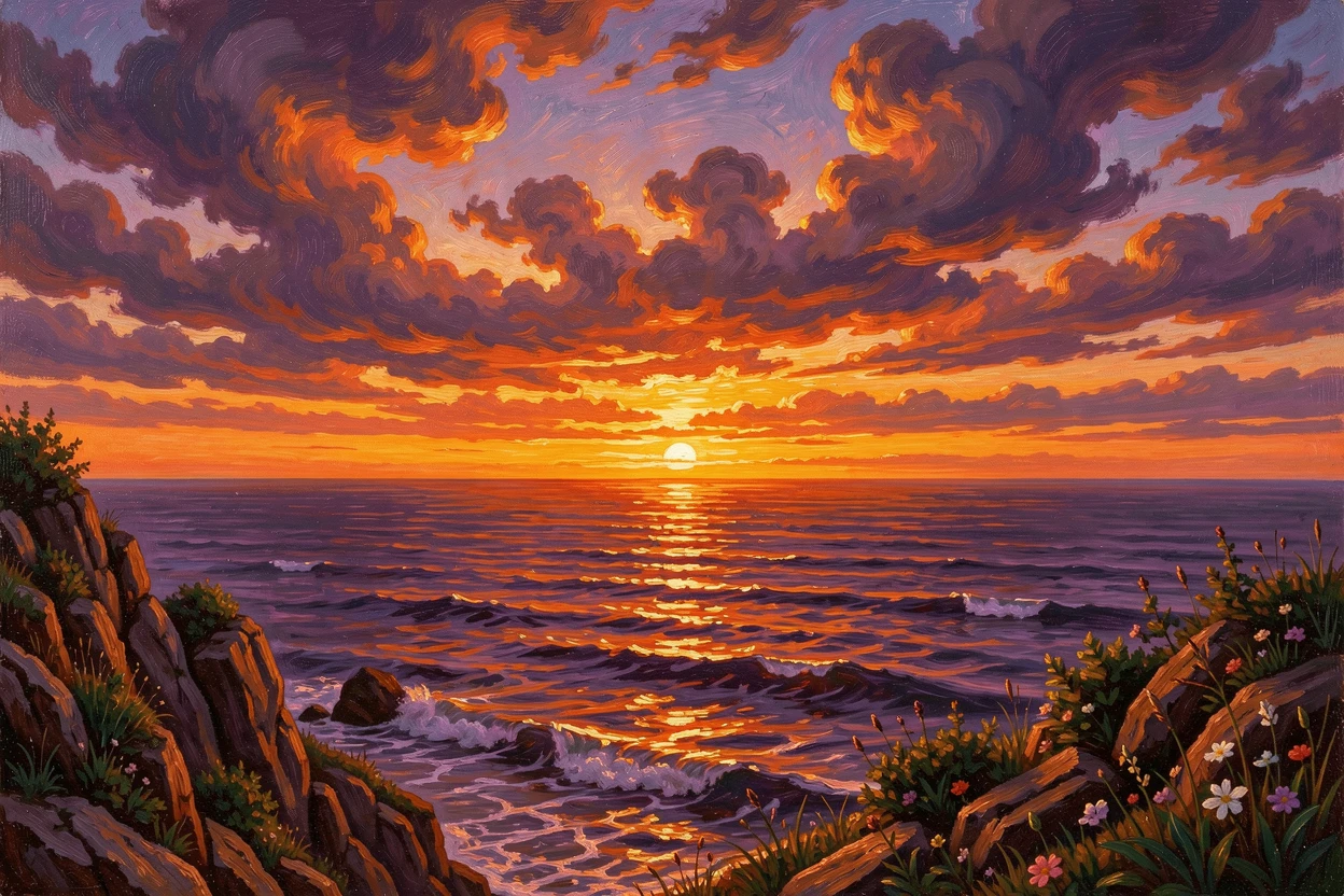 The horizon burns orange and violet as day gives way to night over the ocean.