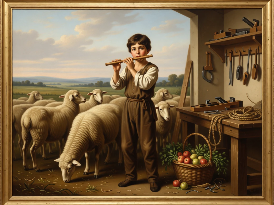 A shepherd boy playing a simple flute among his grazing flock as ordinary labor takes on unexpected grace, set within a modest workshop filled with tools and warm light, with baskets of produce, coils of rope, and tools of an honest trade; the horizon and open sky give even modest labor room to breathe, radiating simple contentment and honest labor.