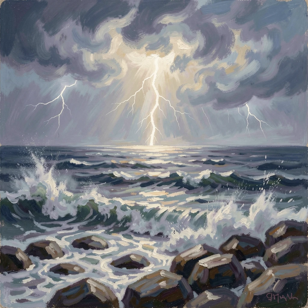 A powerful lightning storm illuminating a dark stormy sea, waves crashing violently against a rocky shore, evoking a sense of peace and quiet wonder.