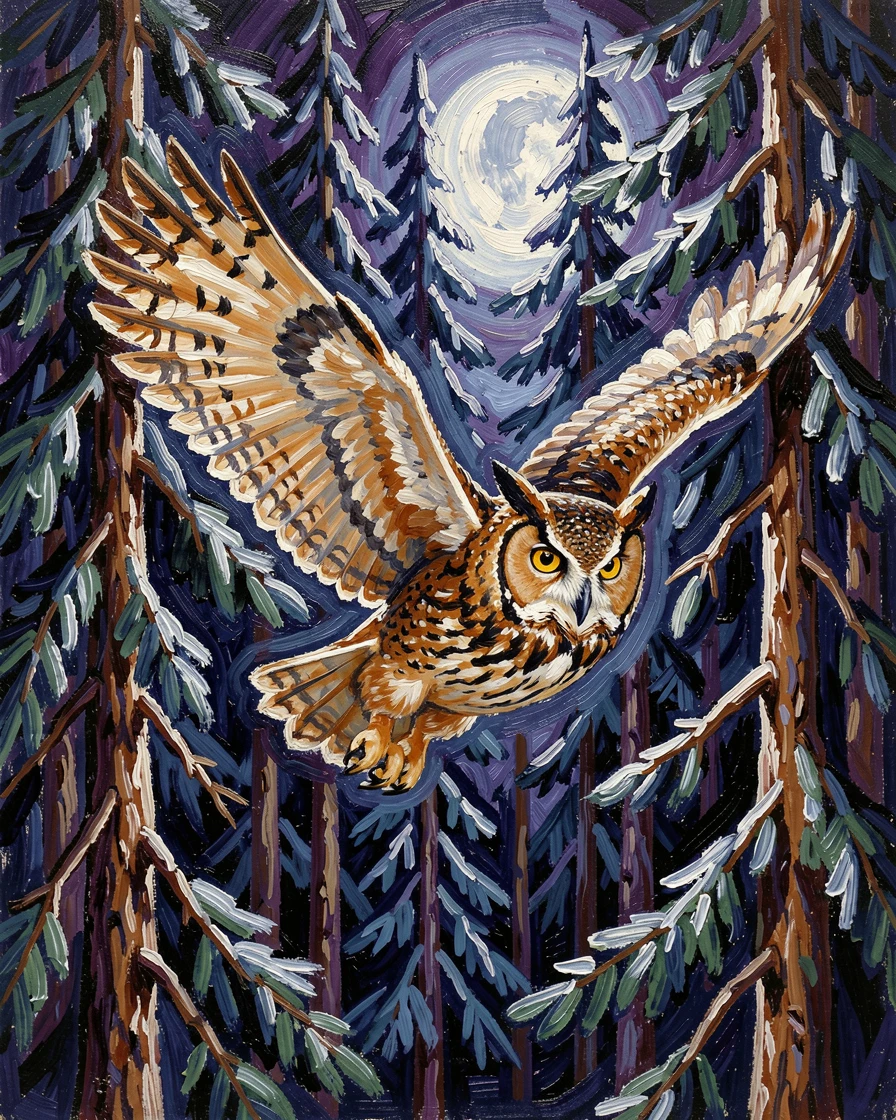 A great horned owl gliding silently between moonlit pine trees.