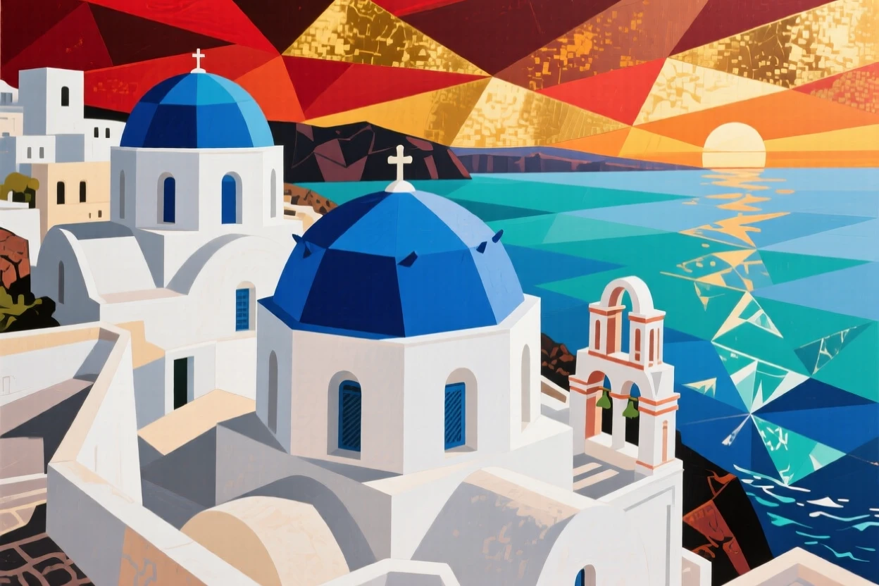 Santorini's white buildings and blue domes overlooking the Aegean Sea at sunset.