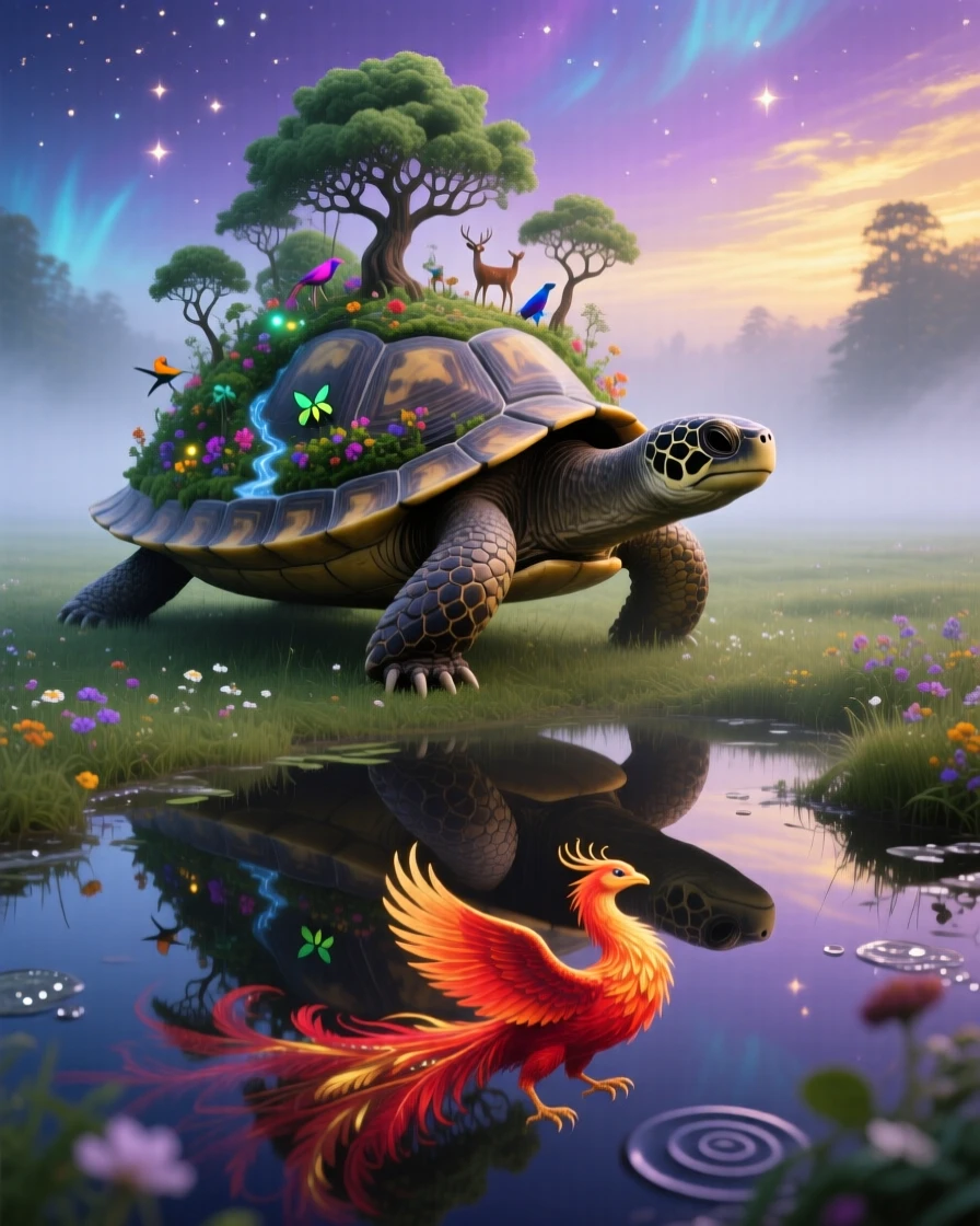 A turtle carrying an entire miniature forest on its shell moves silently through a fog-covered meadow, while its reflection shows a completely different creature.