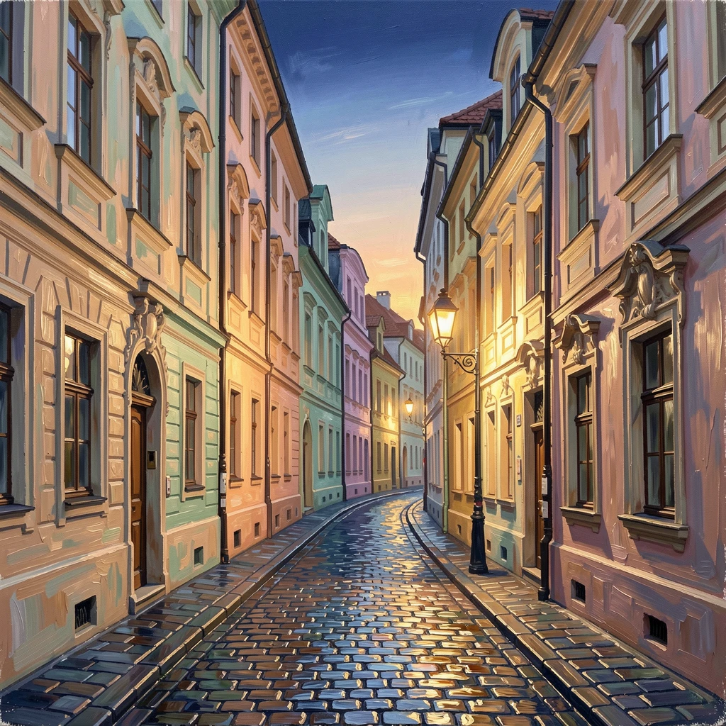 A quiet cobblestone alley in Prague winds past colorful baroque facades, a single street lamp illuminating wet stones after evening rain, the changing light of the hour casting long shadows that add depth to every surface.