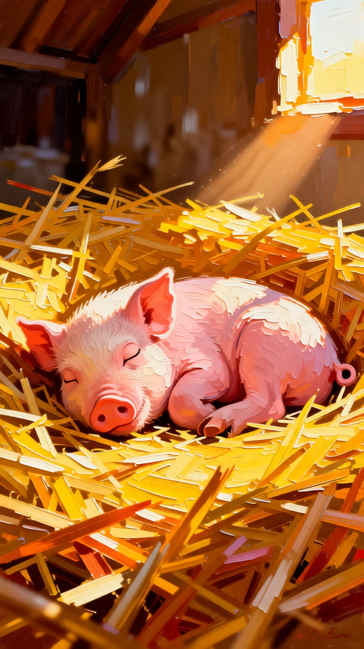A heartwarming photo of a piglet napping in a soft bed of straw in warm afternoon light
