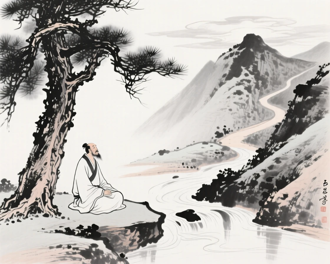 A scholar sits beneath a pine tree reading beside a mountain stream, as clouds drift below the mountain path.
