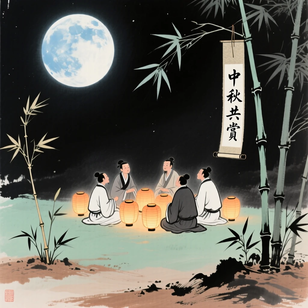 A mid-autumn festival gathering with lanterns lit beneath a full moon, as new bamboo shoots break through the soil.