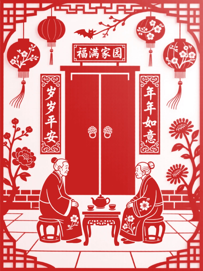 A scene of a courtyard strung with red couplets and lanterns, as elders share stories of festivals long past, with red lanterns swaying gently overhead.