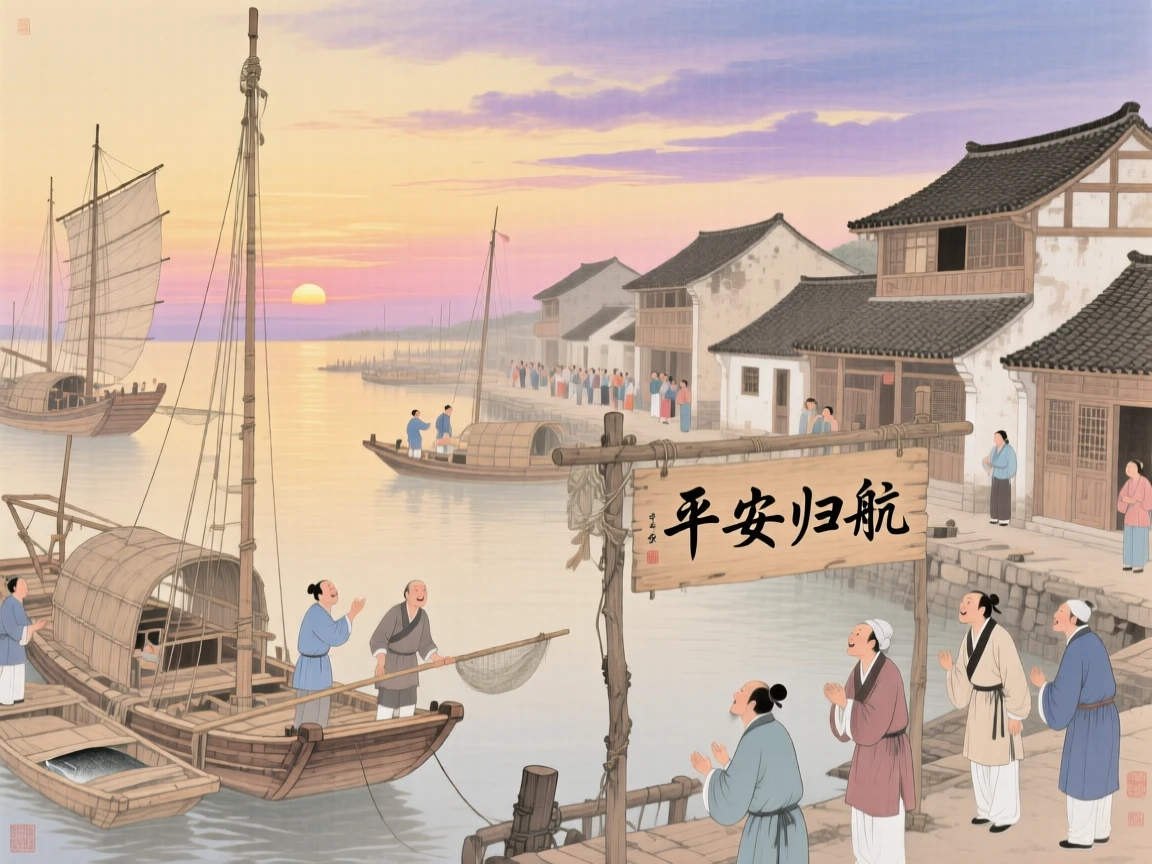 A fisherman's village celebrating the safe return of the fleet at dusk, as the last light of day fades over the horizon