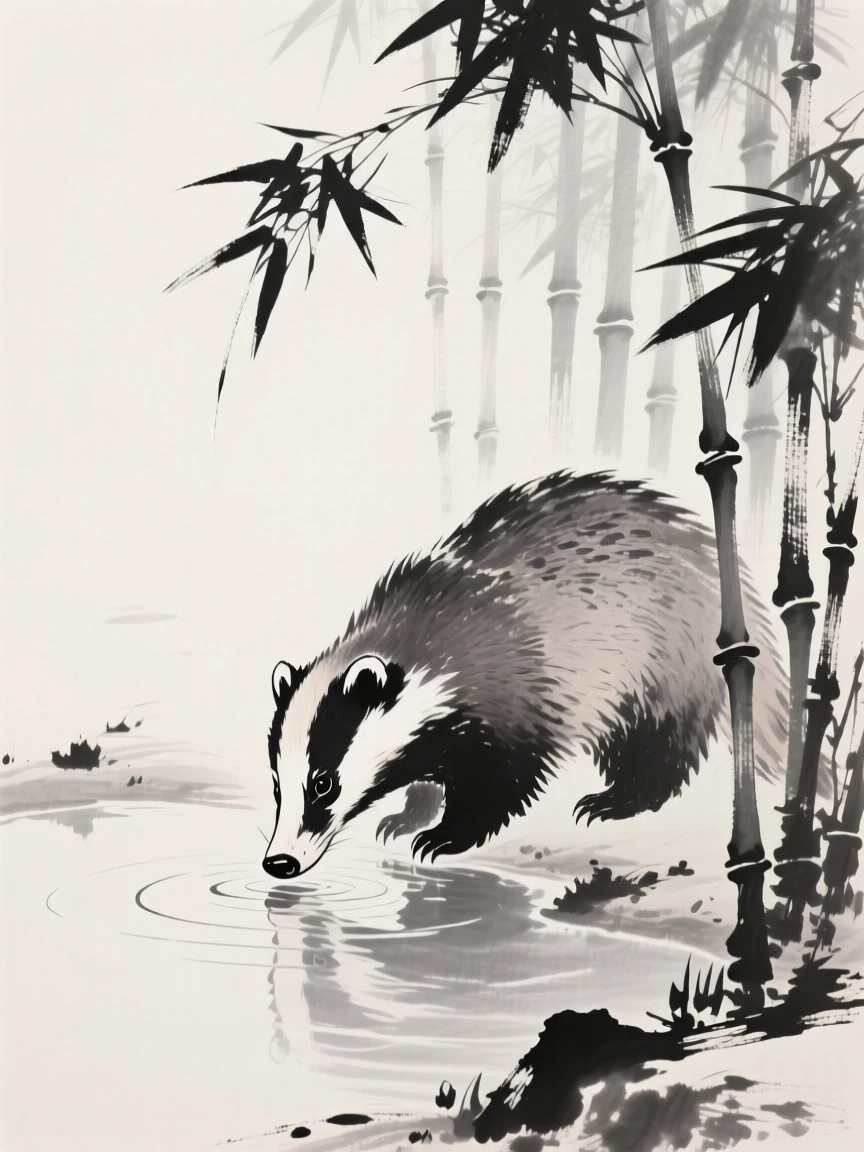 A badger drinking from a still forest pool through a bamboo thicket, captured in profile against a soft, empty background, conveying quiet strength and natural grace.