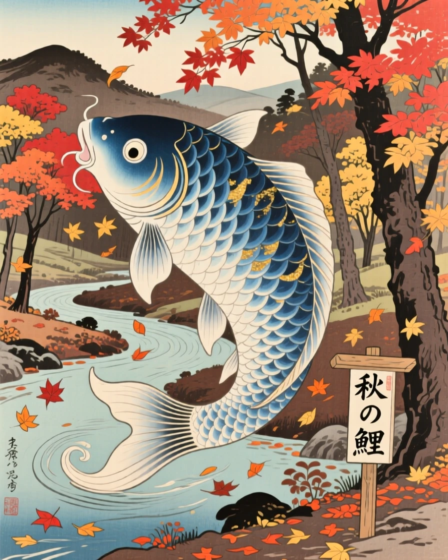 A giant transforming koi swirling autumn leaves through a clearing.