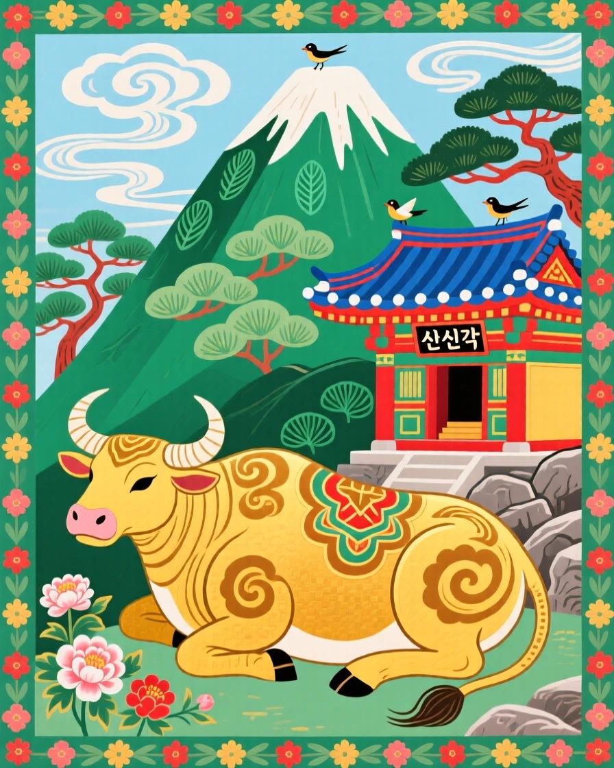 A powerful depiction of a golden ox resting beside a sacred mountain shrine.