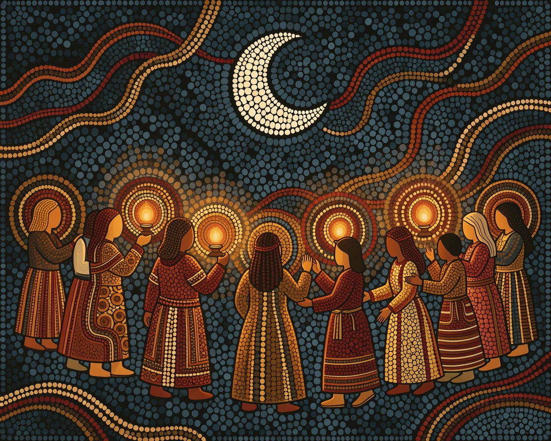 Villagers lighting lanterns for a night festival