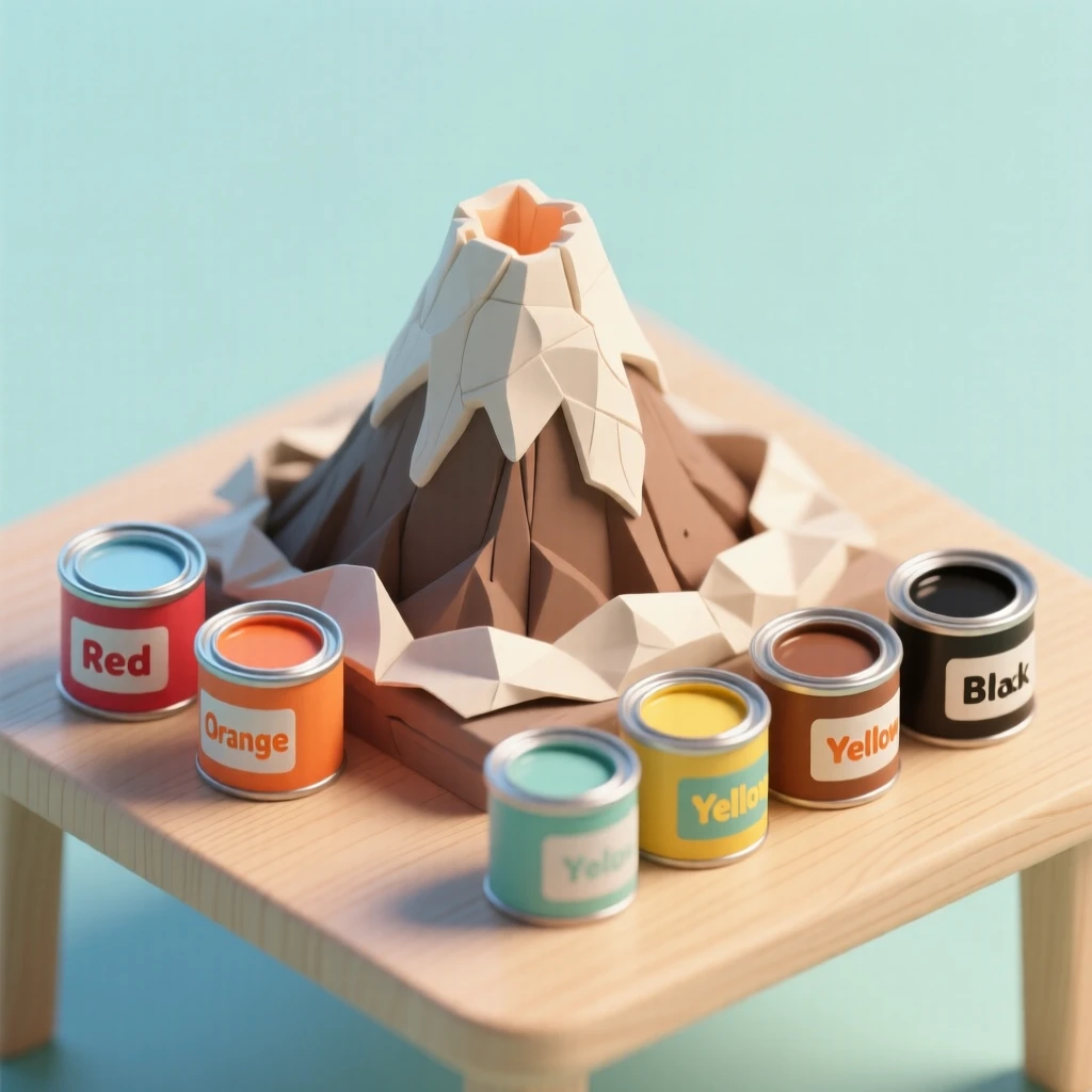 A model volcano diorama being built for a school project, papier-mâché drying, and paint cans lined up for the finishing touch.