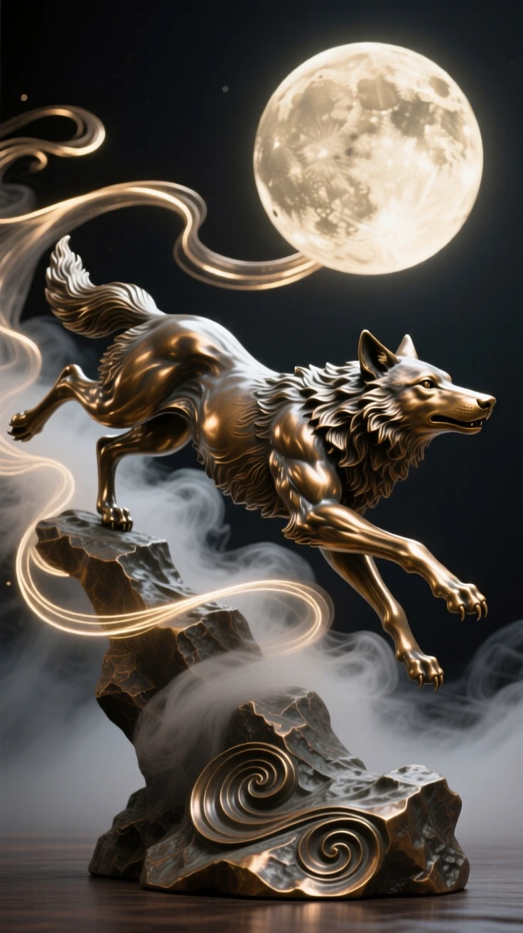 A celestial wolf chasing the moon across the sky, surrounded by swirling mist and light, radiating awe and grandeur