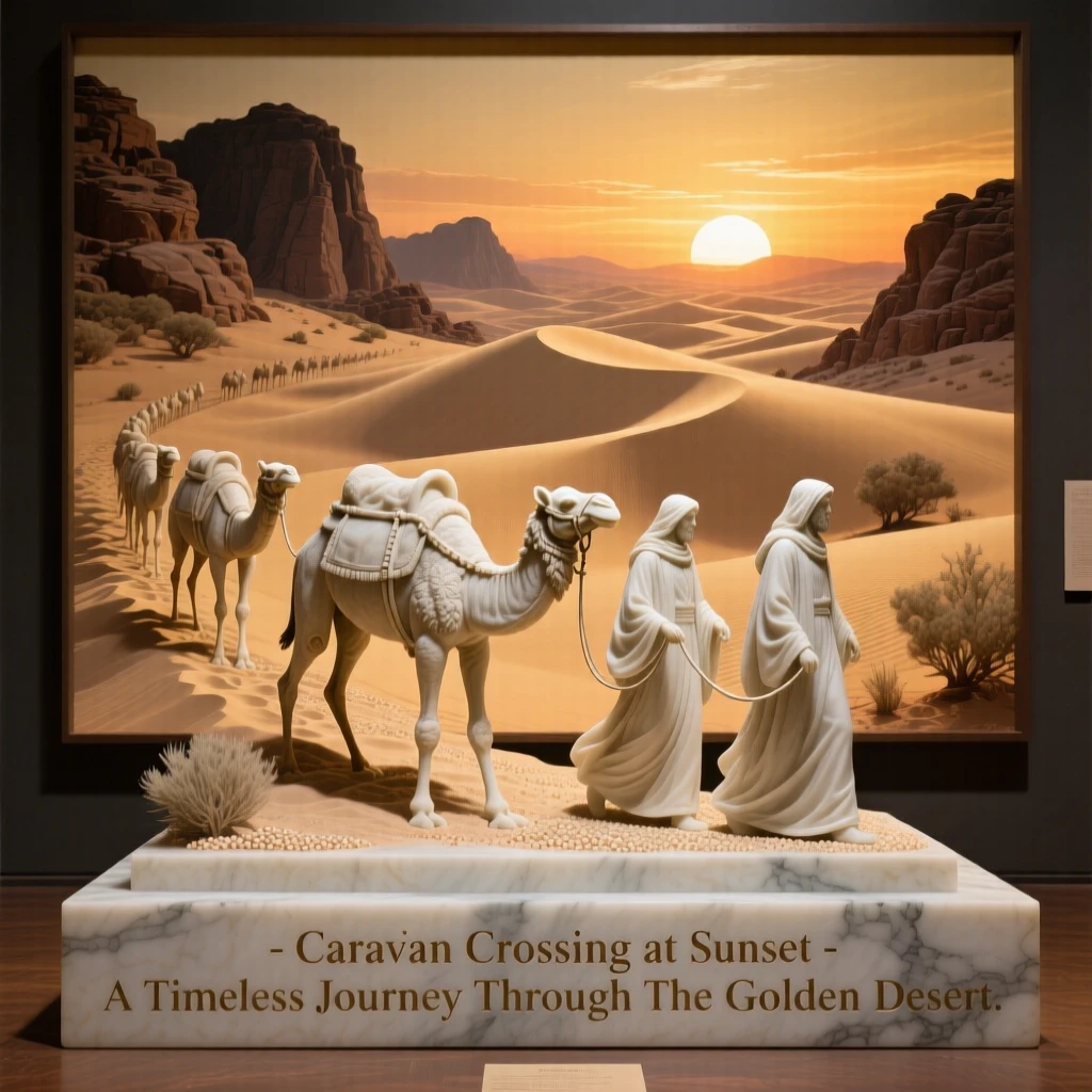 An evocative depiction of a caravan crossing golden desert dunes at sunset, framed by dramatic natural scenery, balancing detail with emotional depth