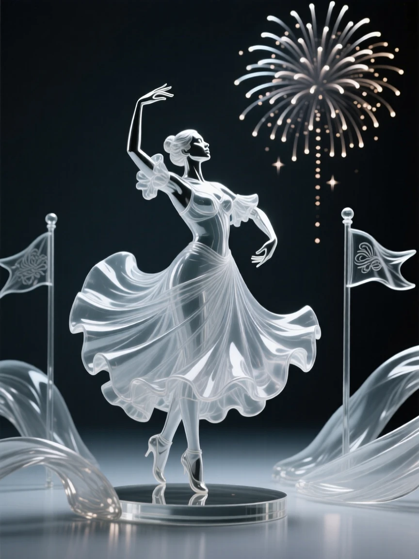 As a gentle breeze stirs the surrounding fabric and flags, a flamenco dancer captured mid-spin in a swirl of fabric, while distant fireworks light up the night sky