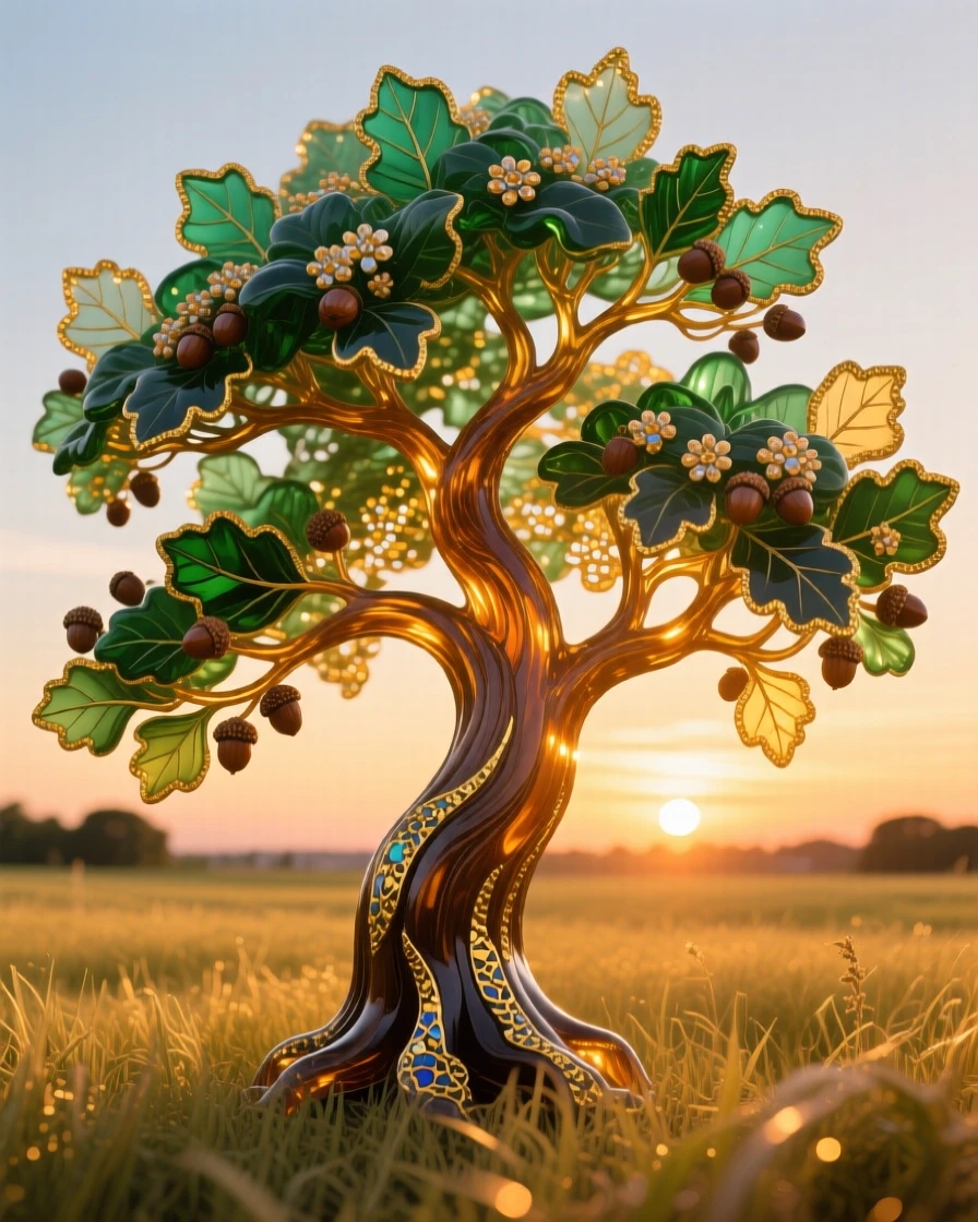 A grand old oak tree standing alone in a golden meadow at sunset, timeless and majestic.
