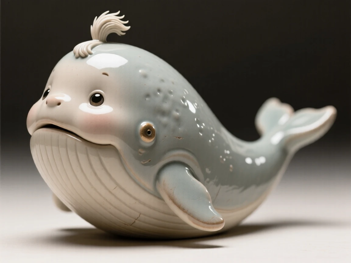 A chubby baby whale breaching playfully posed with an adorably curious tilt of the head, with a small, endearing tuft of fluff, evoking pure, heartwarming sweetness.