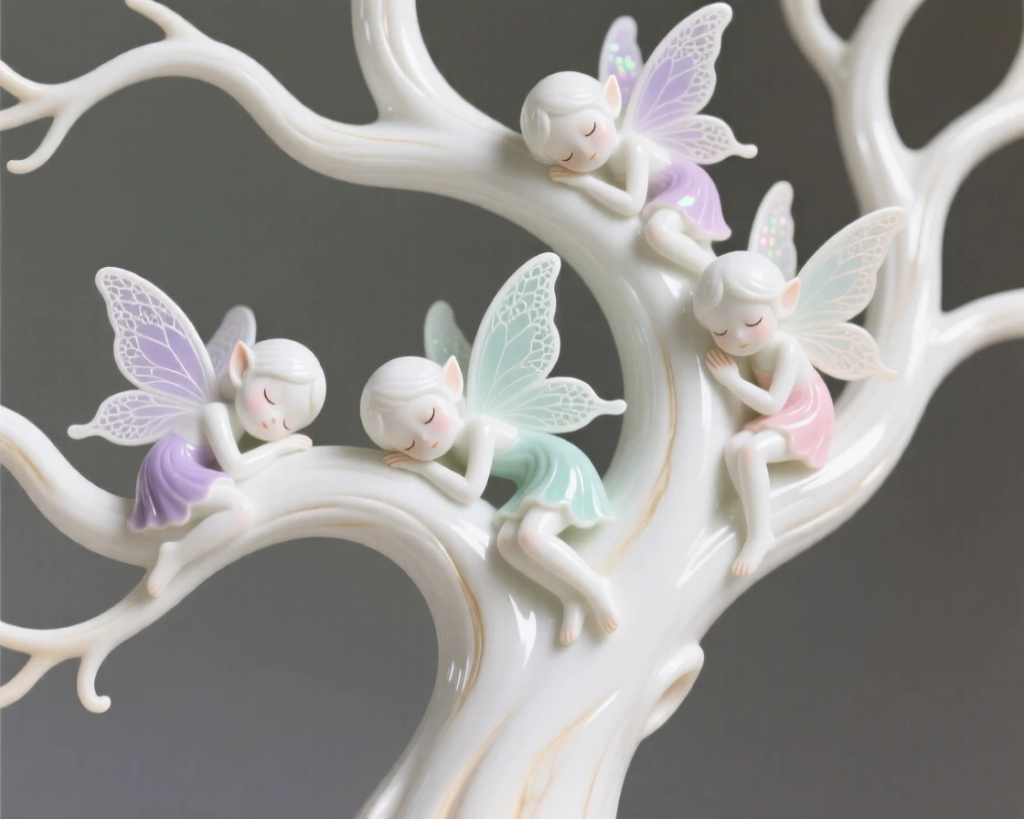 A magical tree whose branches hold sleeping fairies, softly glowing from within.