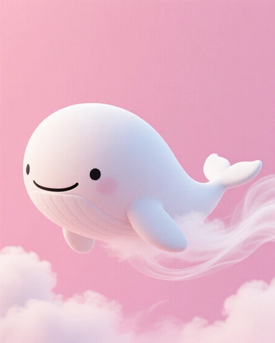 A gentle cloud whale drifts lazily through a pastel pink sky, trailing wisps of soft fluffy fog behind it.